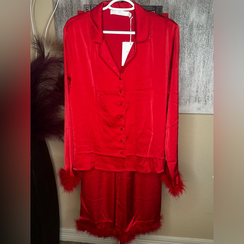 Rachel Parcell Red Satin Pajama Set with Feather Trim